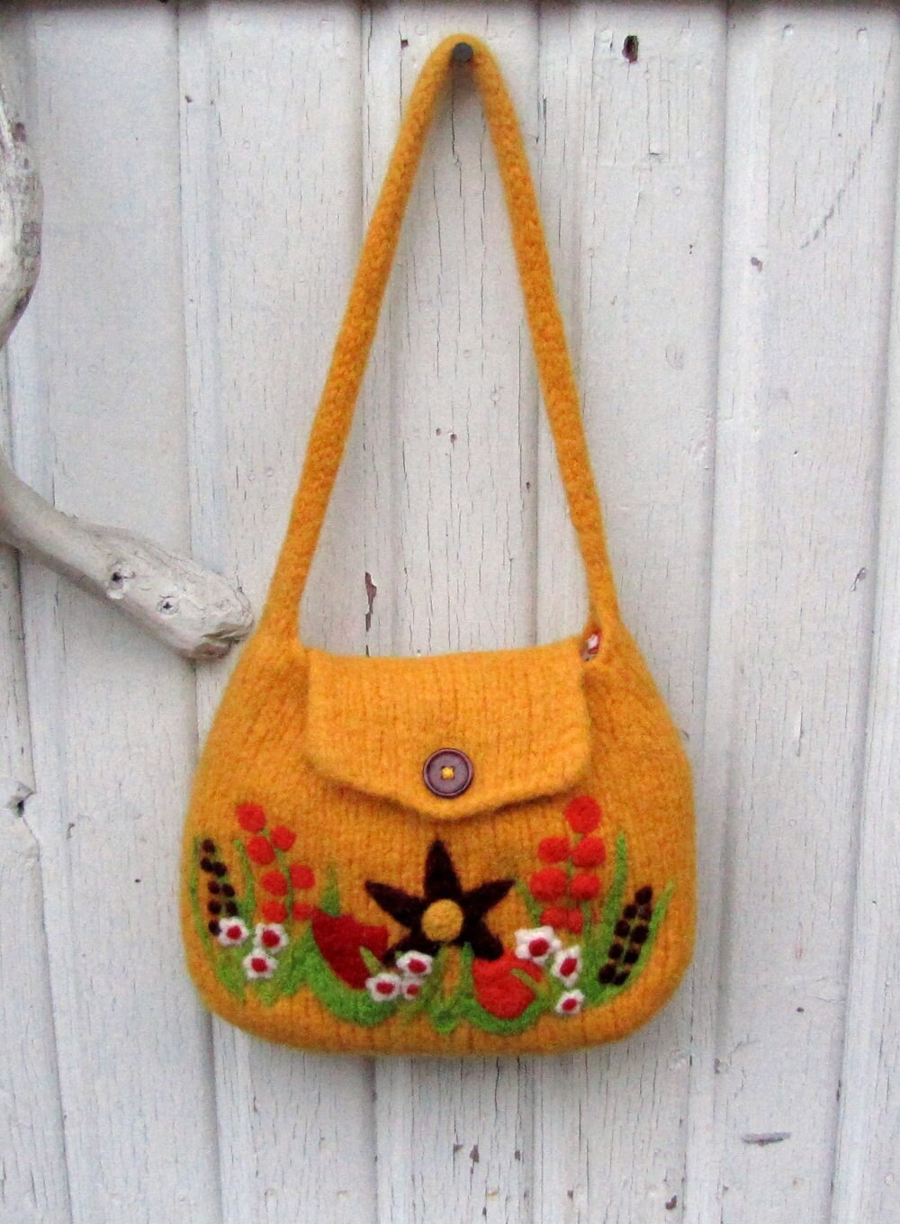Felted bag purse wool handbag shoulderbag hand knit needle felt flowers