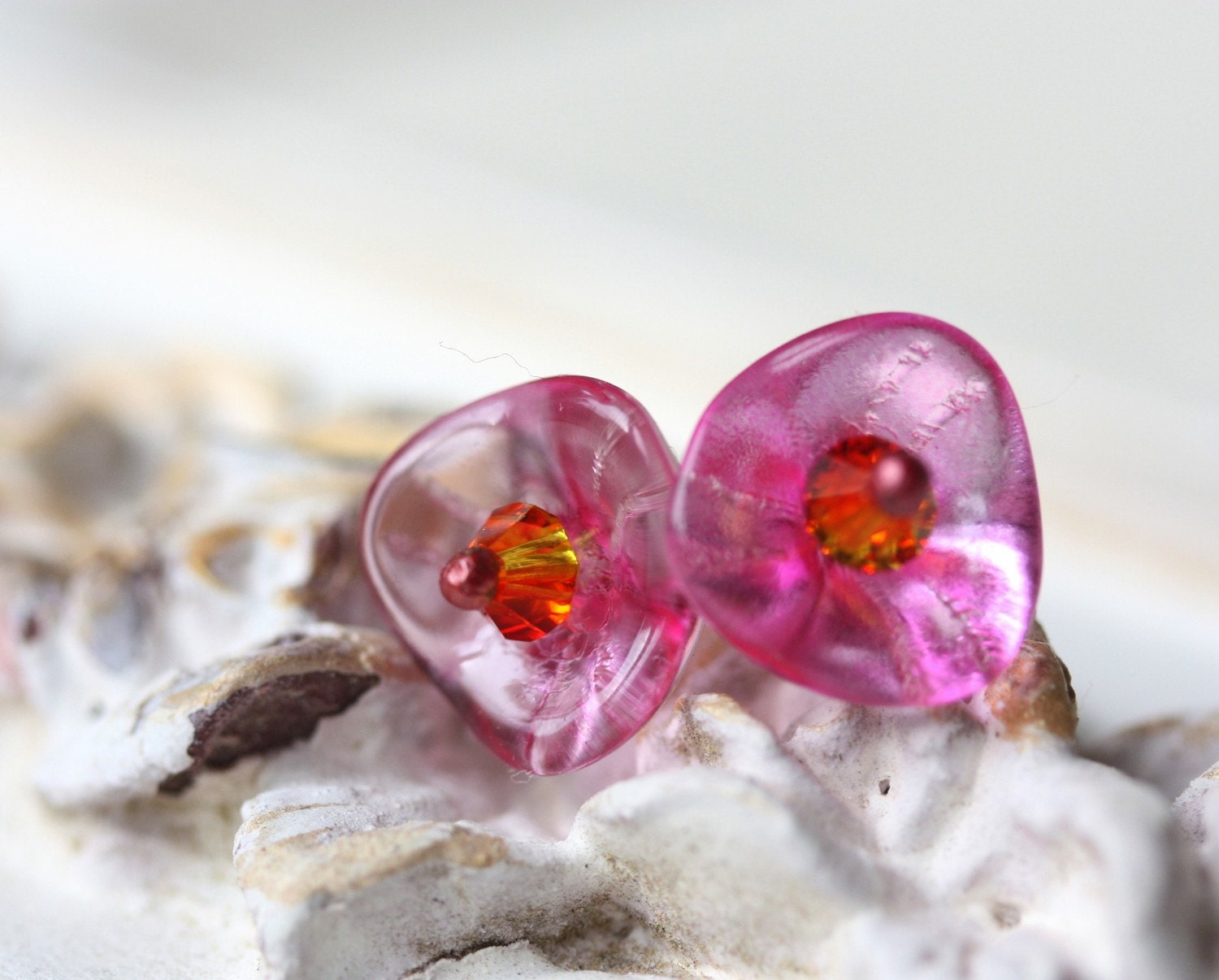 Pink and orange flower earrings with shimmering mysterious, fire polished glass beads and Swarovski crystals