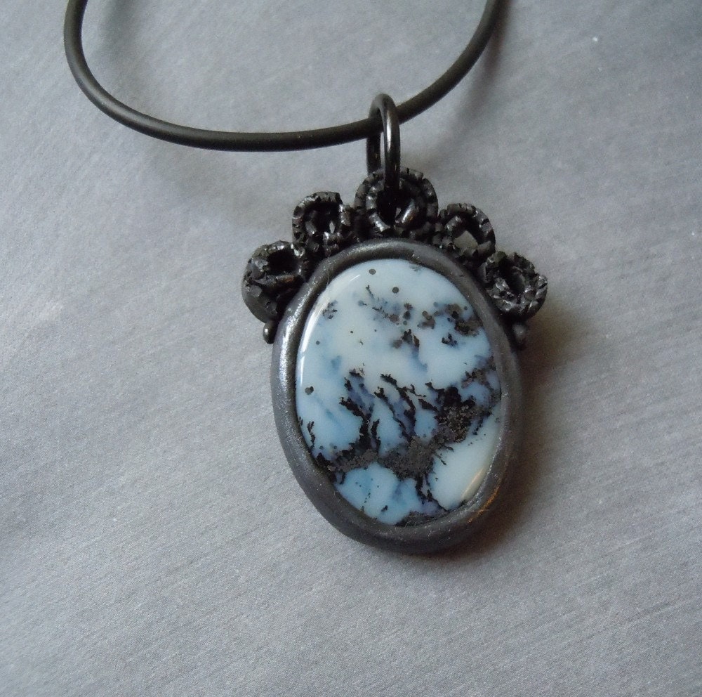 Agate Stone and Polymer Pendant on Black Cord