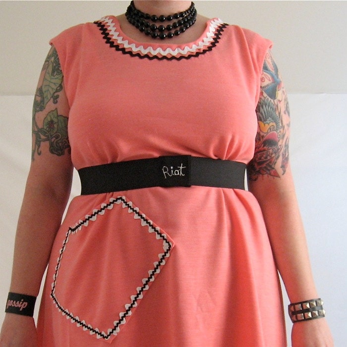 RiotLady Dress - with RIOT belt - coral peach knit vintage fabric - glow in the dark trims - plus size - 52B-53W-60H