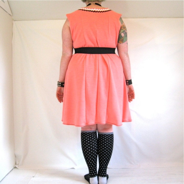 RiotLady Dress - with RIOT belt - coral peach knit vintage fabric - glow in the dark trims - plus size - 52B-53W-60H