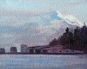 Small Oil Landscape Painting, Northwest Mountain Scene, Mount Rainier, Puget Sound, 4x6, Canvas, Original, Wall Decor