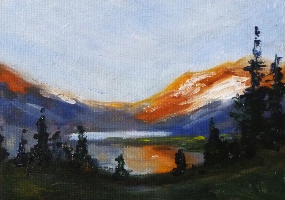 Mountain Landscape Painting, Small Original, 5x7 on Canvas, Alpine Scene, Wall Decor, Blue and Orange