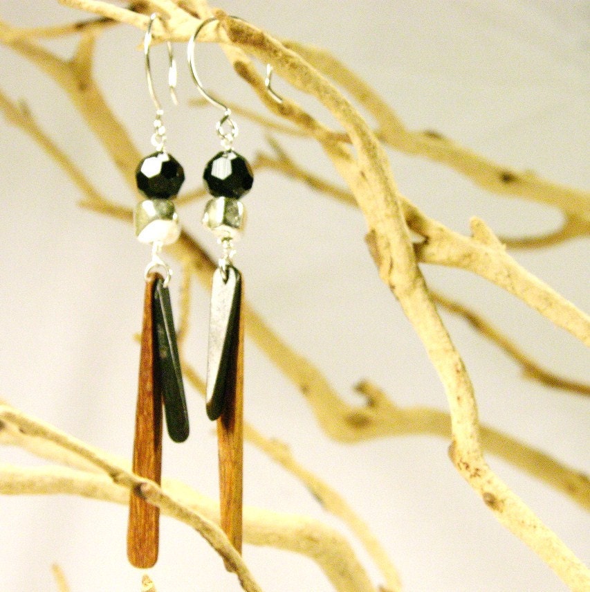 black onyx and wood drop earrings
