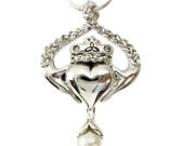 Claddagh Pendant - Diamonds and a Fresh Water Pearl - Handmade - Irish Promise Necklace - Sterling Silver - Love Faith Trust - Rickson
