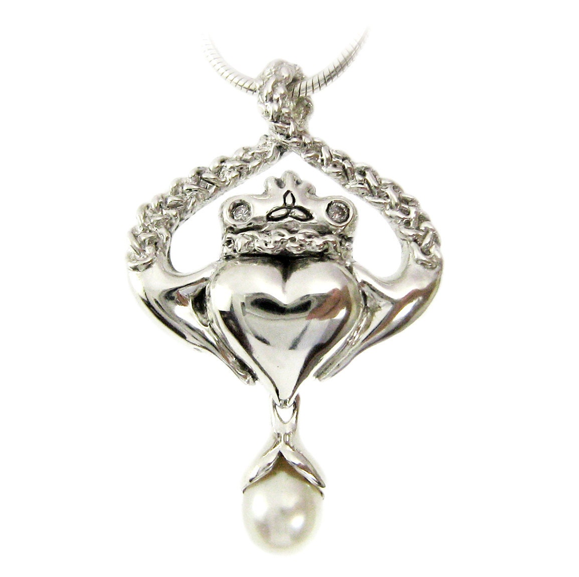 Claddagh Pendant - June Birthstone - Diamonds and Pearls - Celtic - Gift - Irish Jewelry - Love Faith Trust - Love knot - Trinity - Rickson