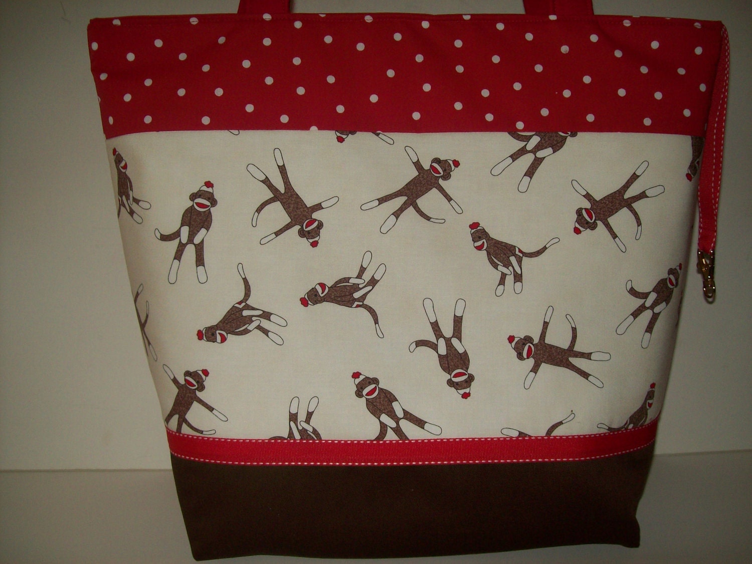 RED Brown...Cream ....SOCK MONKEY Print....Polka Dots...Ribbon..Binky Clip...Diaper Bag..Tote..Bookbag