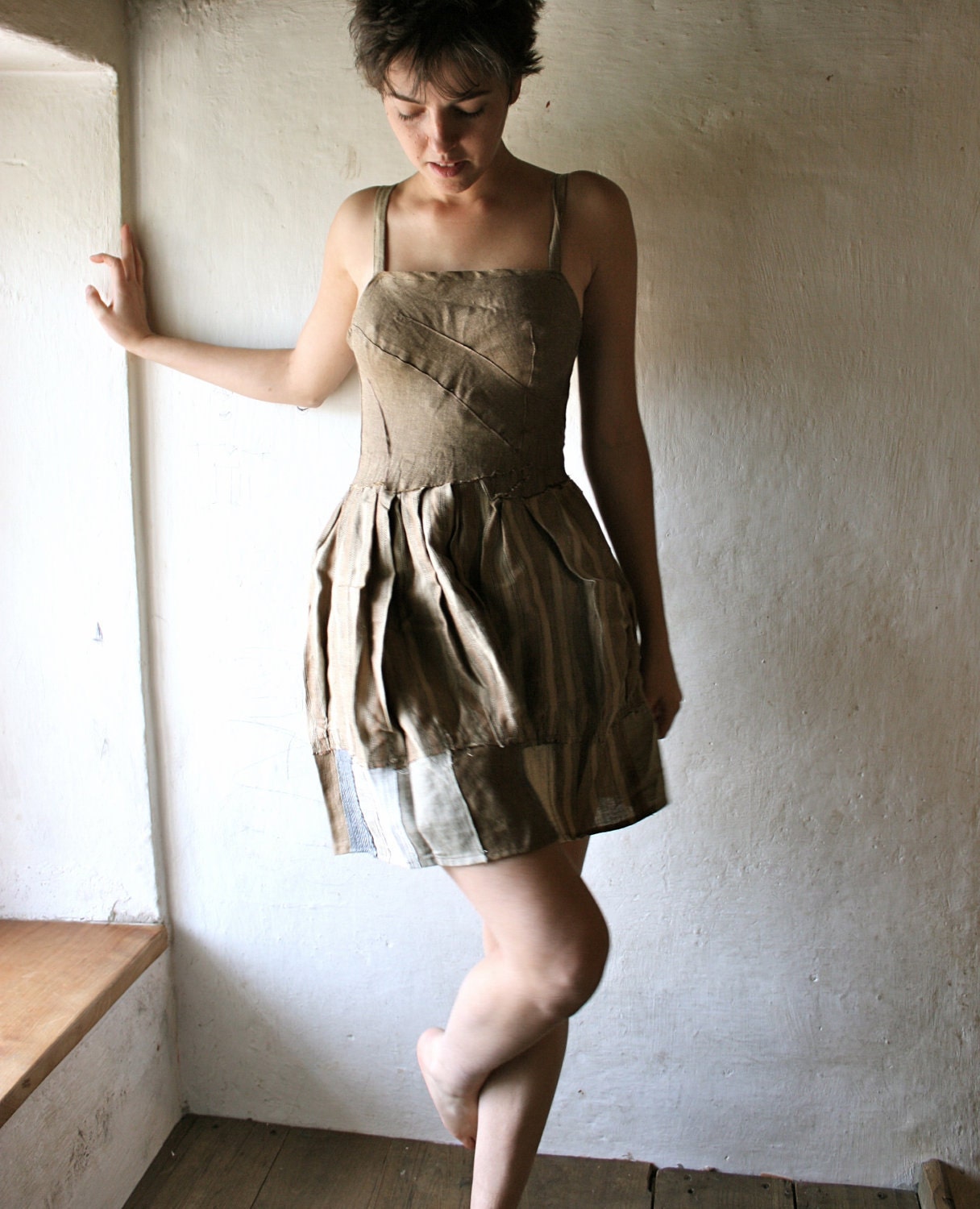 Natural Linen party dress with pleated bodice - larimeloom