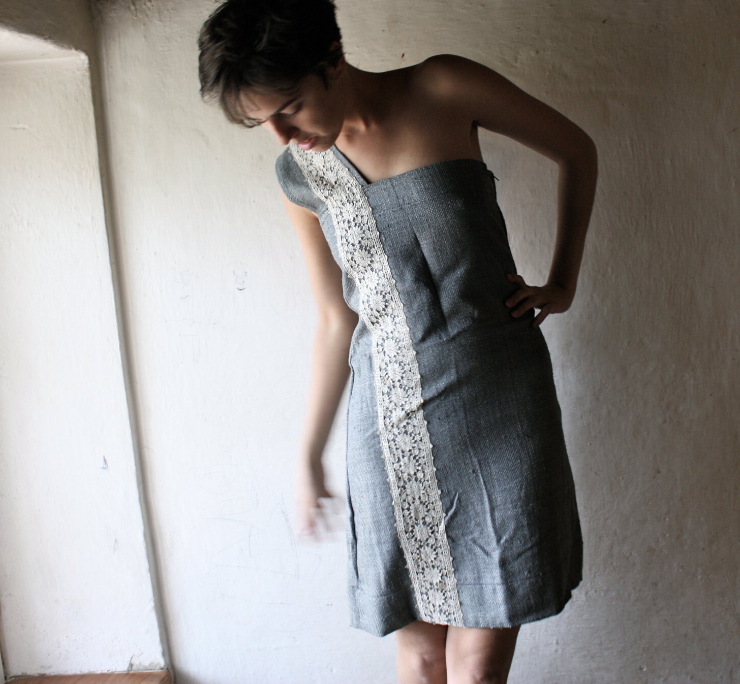 One Shoulder mini Dress in dust blue raw silk
