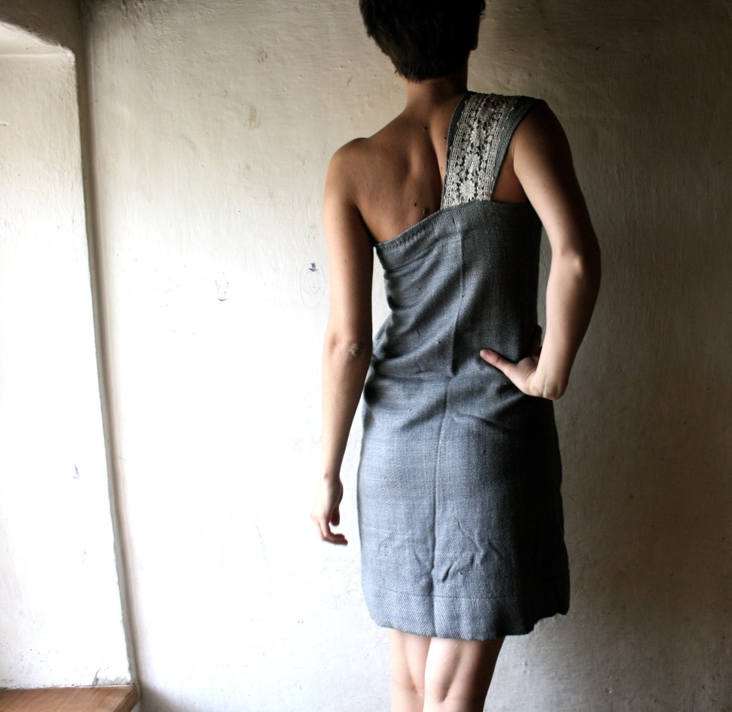 One Shoulder mini Dress in dust blue raw silk