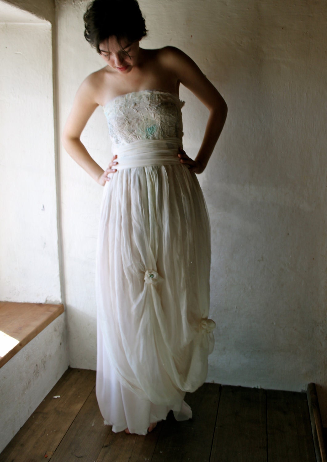 Chiffon Wedding dress in Ivory and blush pink - 100% silk hand dyed long gown - Custom Made