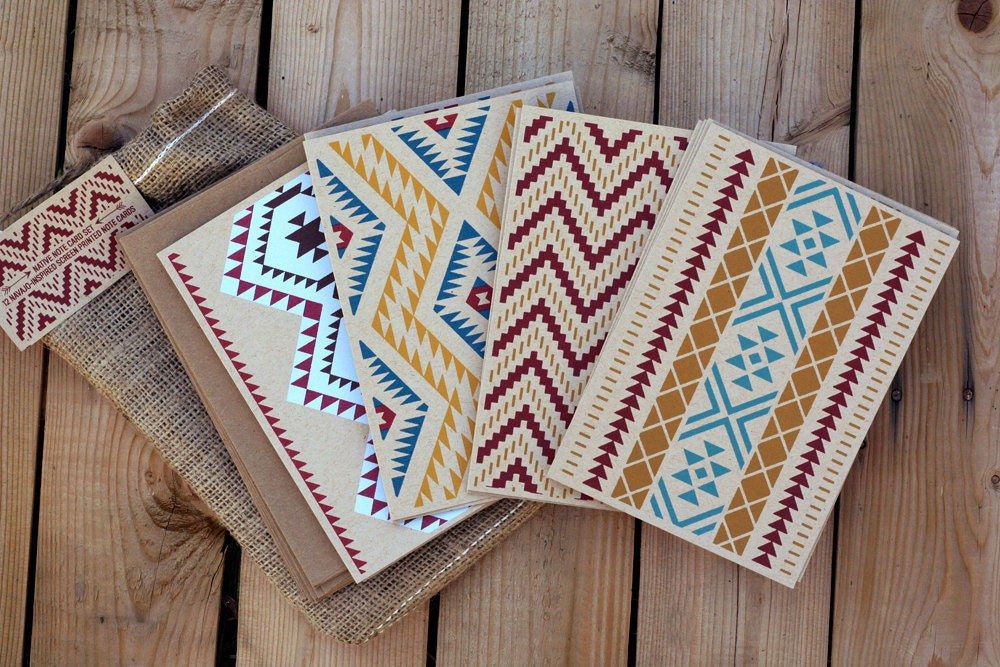 Native Note Card Set - 12 Navajo Inspired Hand Screen Printed Note Cards - Blank Inside - Package in a Burlap Drawstring Pouch