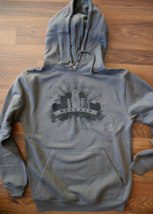 SALE 20.00 reg 40.00 - Buffalo City Hall Unisex Organic Pullover Hoodie Only Smalls Left Hand Silkscreen Printed
