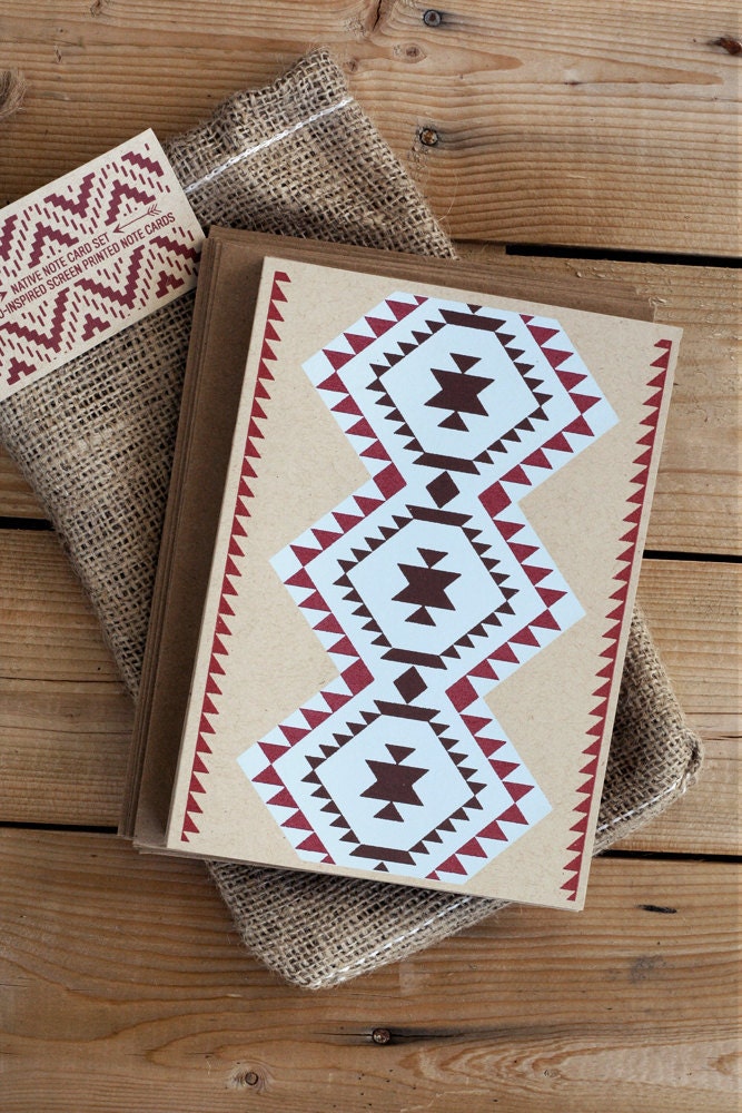 Native Note Card Set - 12 Navajo Inspired Hand Screen Printed Note Cards - Blank Inside - Package in a Burlap Drawstring Pouch