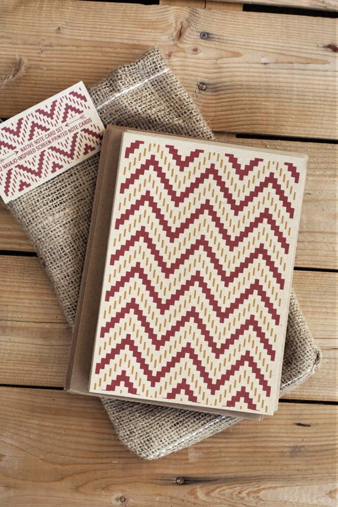 Native Note Card Set - 12 Navajo Inspired Hand Screen Printed Note Cards - Blank Inside - Package in a Burlap Drawstring Pouch