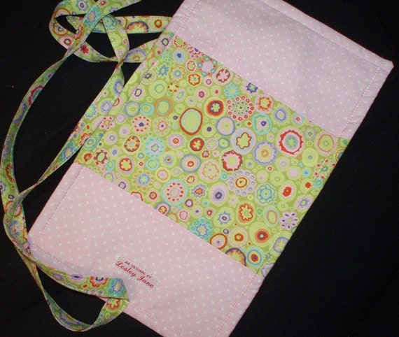 Handmade designer jewelry roll, Hanging organizer made from pink spot and paperweight lime by Kaffe Fassett