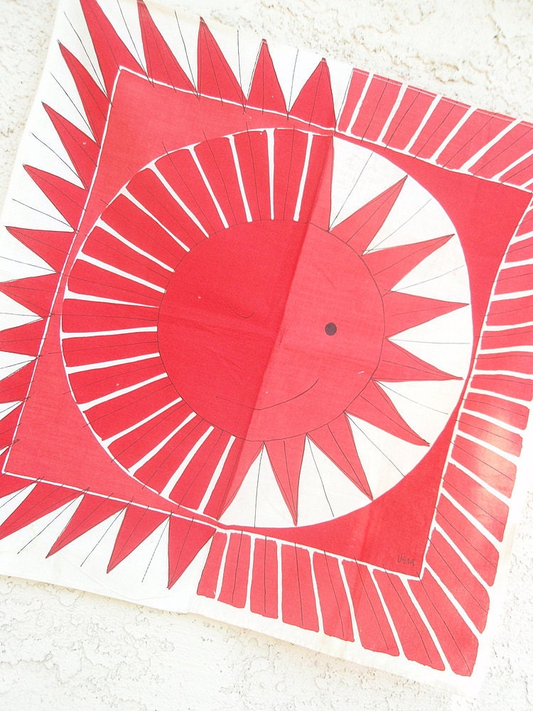 Red Deco Sun - a rare, Mid-Century, vintage 1950s Vera Neumann pure cotton scarf