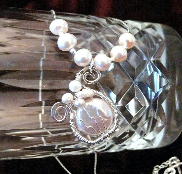 Delovely Lyre of King David, OOAK sterling silver and pearl pendant necklace.