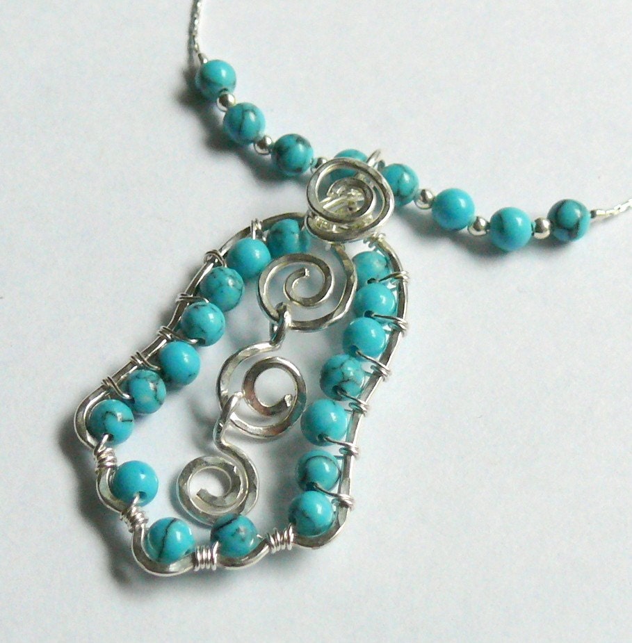 Spirals of Life Chamesh (Chamsa) sterling silver and turquoise necklace.