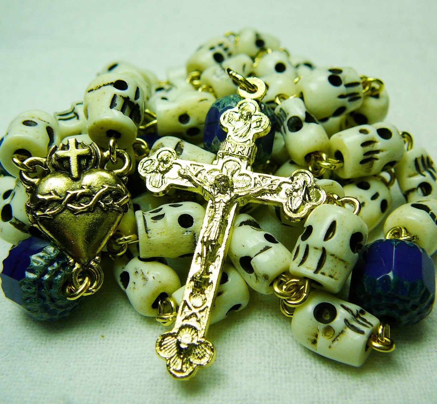 Bone and Blue Skull Rosary