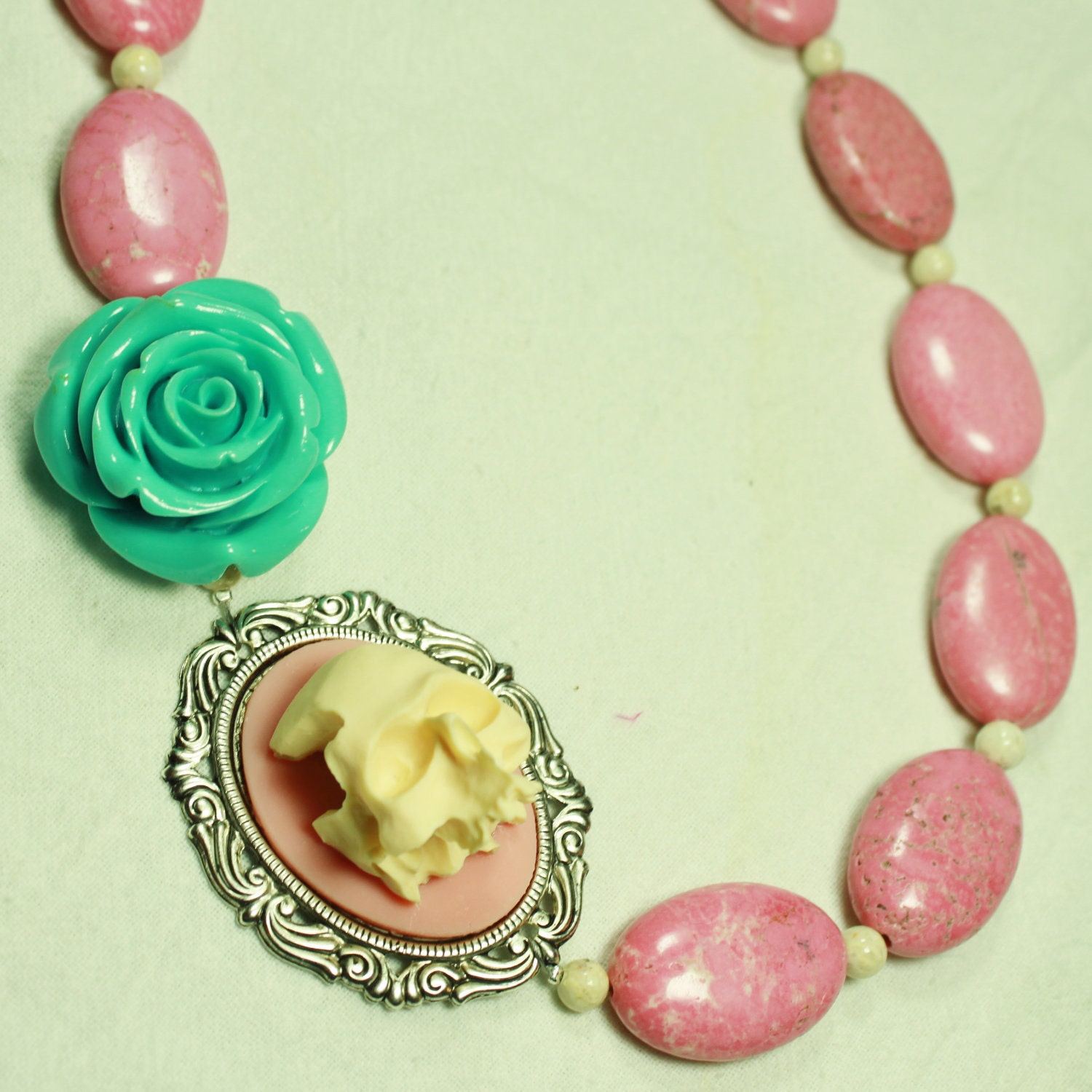 Pink 3D Skull Cameo with Big Aqua Rose, Pink Stone and White Stone Necklace