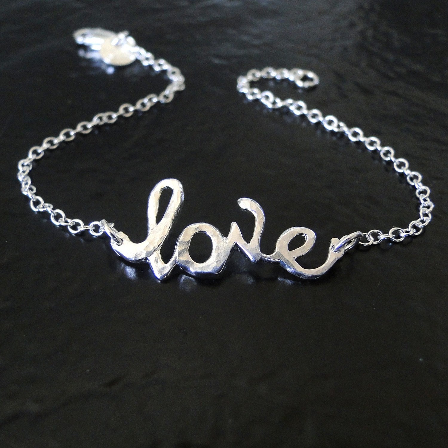 Love Bracelet - Sterling Silver Hammered Word Bracelet - Hand Crafted, Simple and Romantic