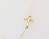 Tiny SOLID Gold Sideways Cross Necklace - Jennifer Lopez 14K Yellow Gold or White Gold Horizontal Cross