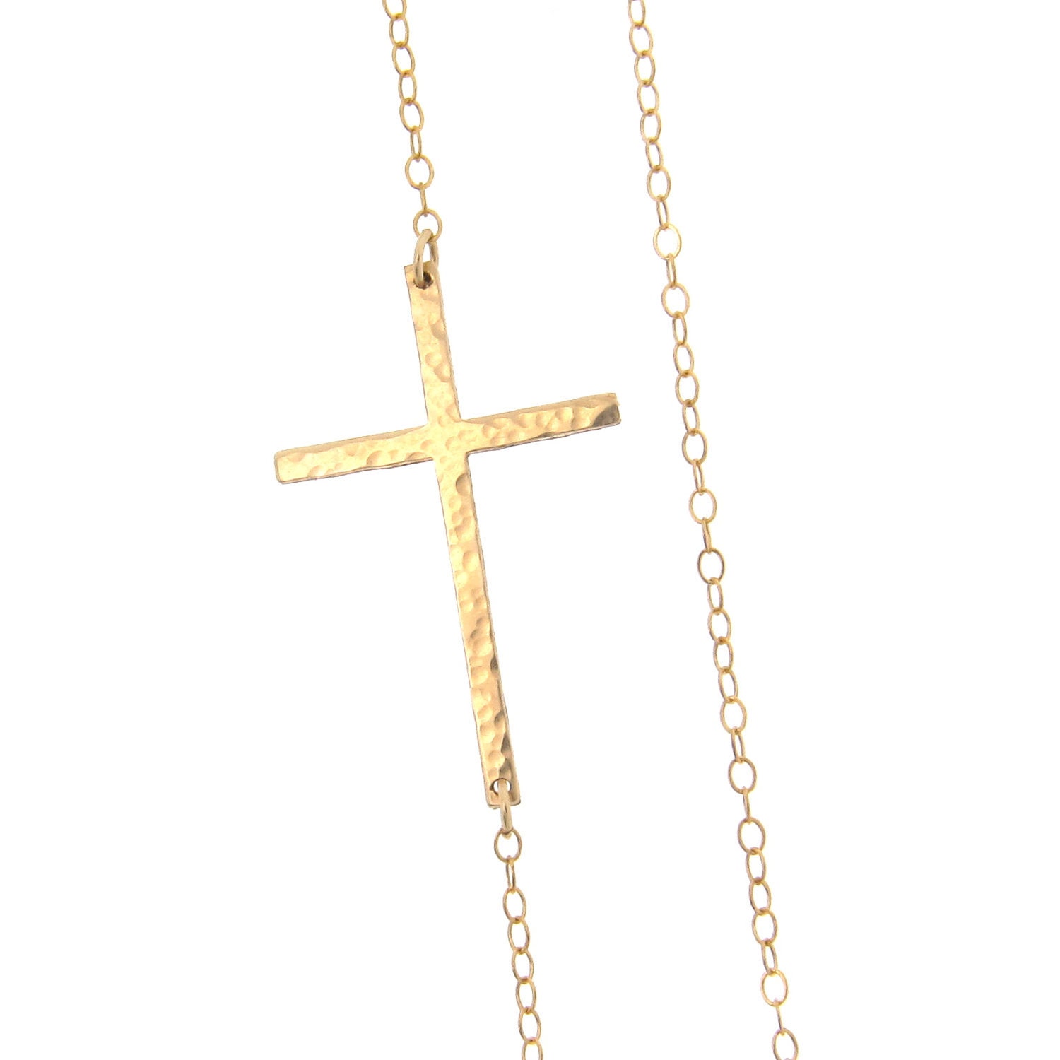 Kelly Ripa Sideways Cross Necklace, Off Center - Long, Sleek, And Hammered, 14K Gold Filled