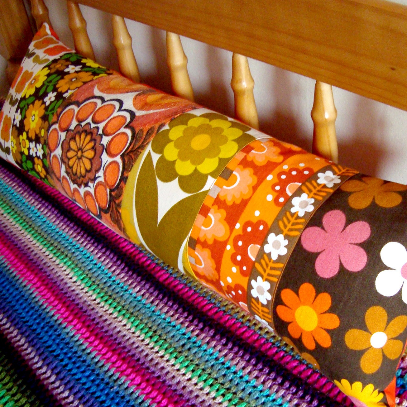 Long Vintage Fabric Patchwork Pillow / Cushion Cover - Extra long bolster style oblong - Flower Power Orange