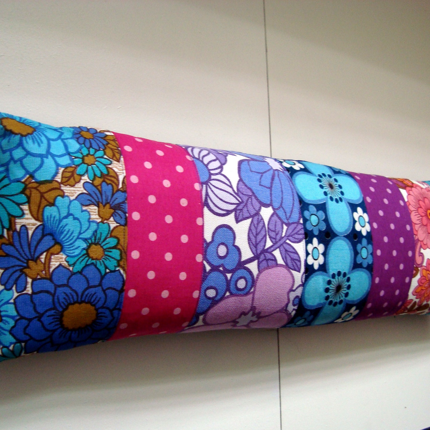 Long Vintage Patchwork Pillow / Cushion Cover - Extra long bolster style oblong - Pink, Blue and Mauve