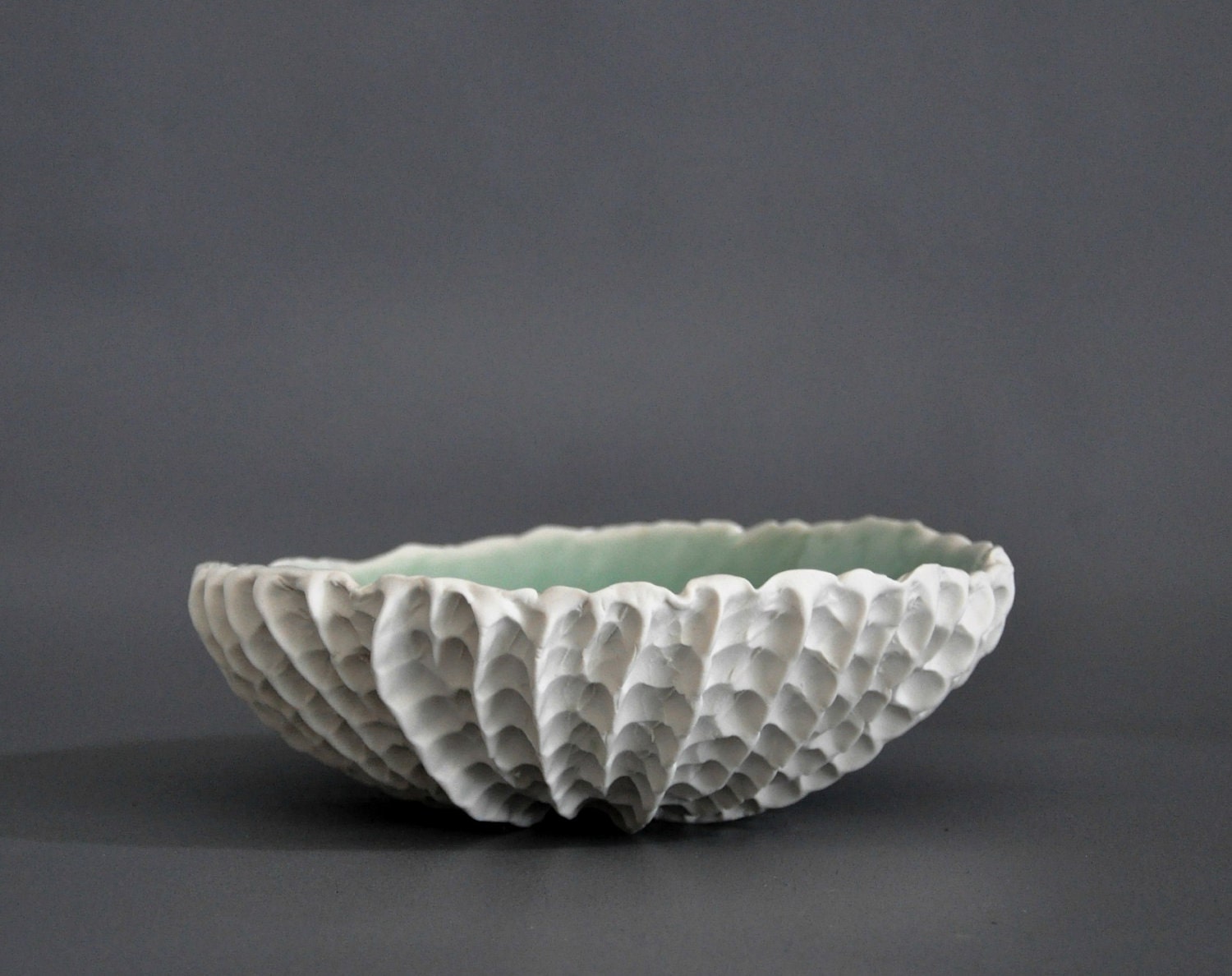 Large Copper Blue Scallop Texture Serving Bowl - Beach Modern Decor Porcelain Ceramic