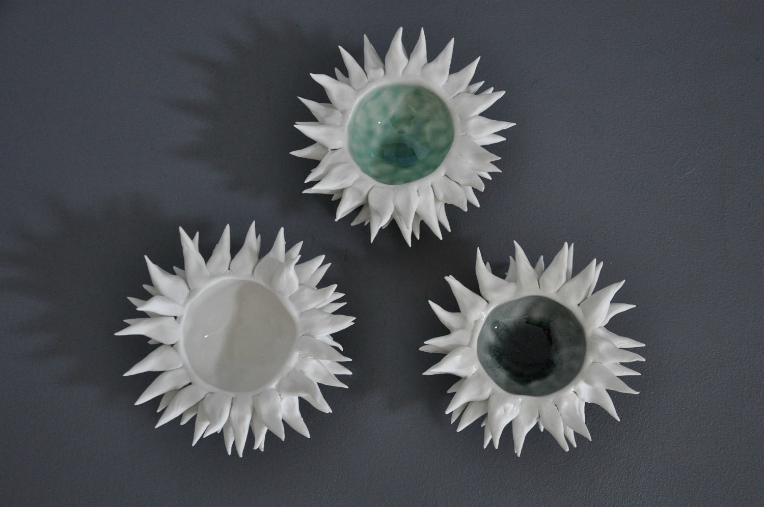 Set of 3 Micro Porcelain Urchin Bowls - Sea Urchin Art Vessel Decor Sculpture Beach