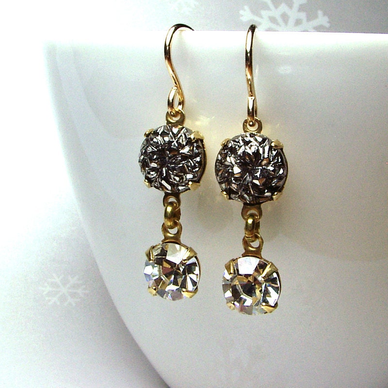 Hematite Rhinestone Sugar Stone Earrings Swarovski Crystal Drop Earrings 14K Gold Fill Dainty Glam