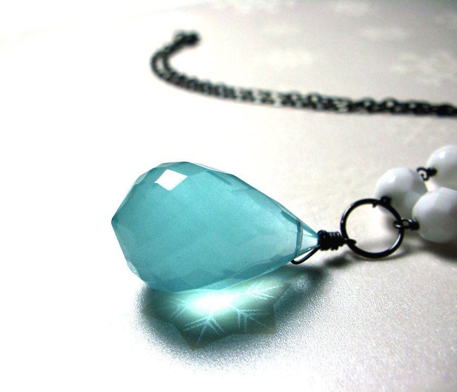 Chalcedony Teardrop Wire Wrapped Aqua Necklace, Vintage White Glass Beads, Oxidized Sterling Silver Chain