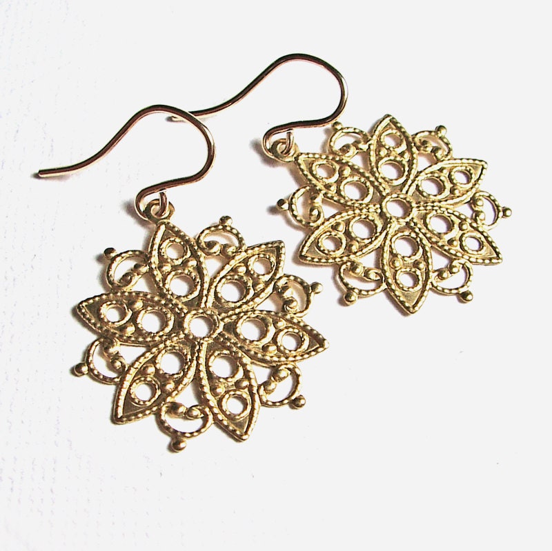 Filigree Earrings, Brass Filigree, 14K Gold Fill Ear Wires
