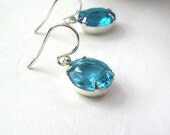 Oval Aqua Earrings, Vintage Jewel, Sterling Silver Ear Wires, Summer Fashion