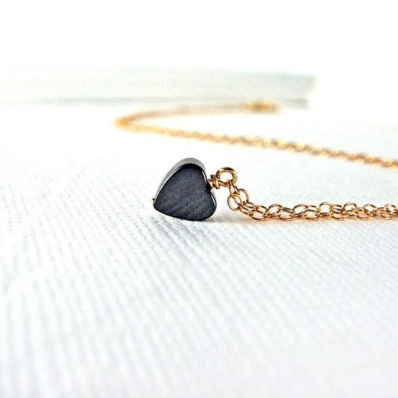 Hematite Tiny Heart Necklace Simple Heart Jewelry 14K Gold Fill Delicate Chain Pendant Necklace