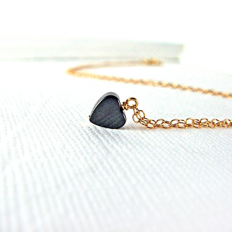 Hematite Tiny Heart Necklace Simple Heart Jewelry 14K Gold Fill Delicate Chain Pendant Necklace