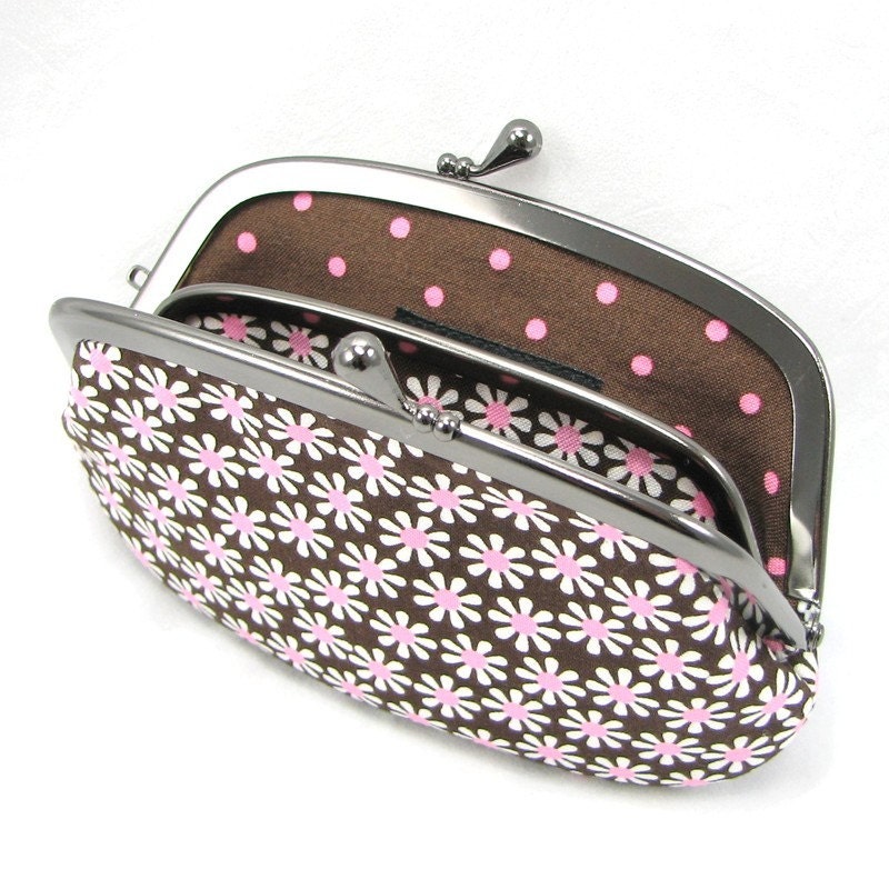 2 Section Frame Purse Pouch - Daisy Pink and Brown