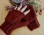 Warm Wool Crocheted Chestnut Heather Convertible Fingerless Mittens/Gloves - Red Maroon Brown