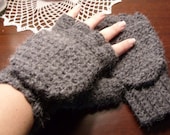 Super Thick and Warm Alpaca Wool Crocheted Convertible Fingerless Mittens/Gloves - Ebony Black Dark Grey