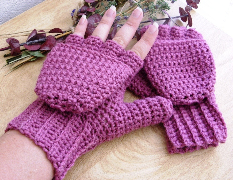 Warm Wool Crocheted Rose Convertible Fingerless Mittens/Gloves - Pink