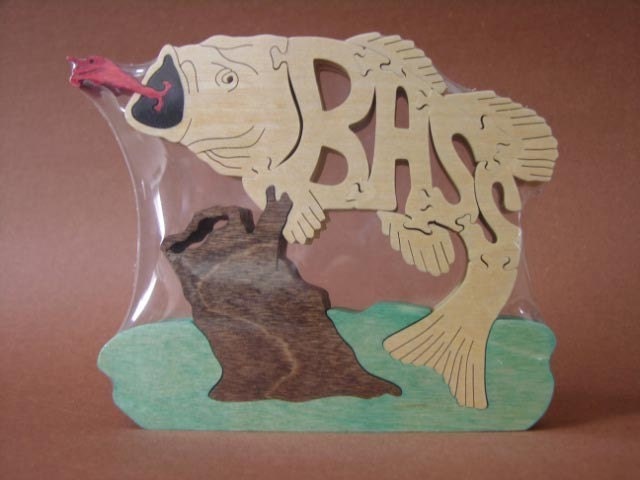 Bass Fish with Lure Wooden Fishing Puzzle Toy  Hand Cut with Scroll Saw