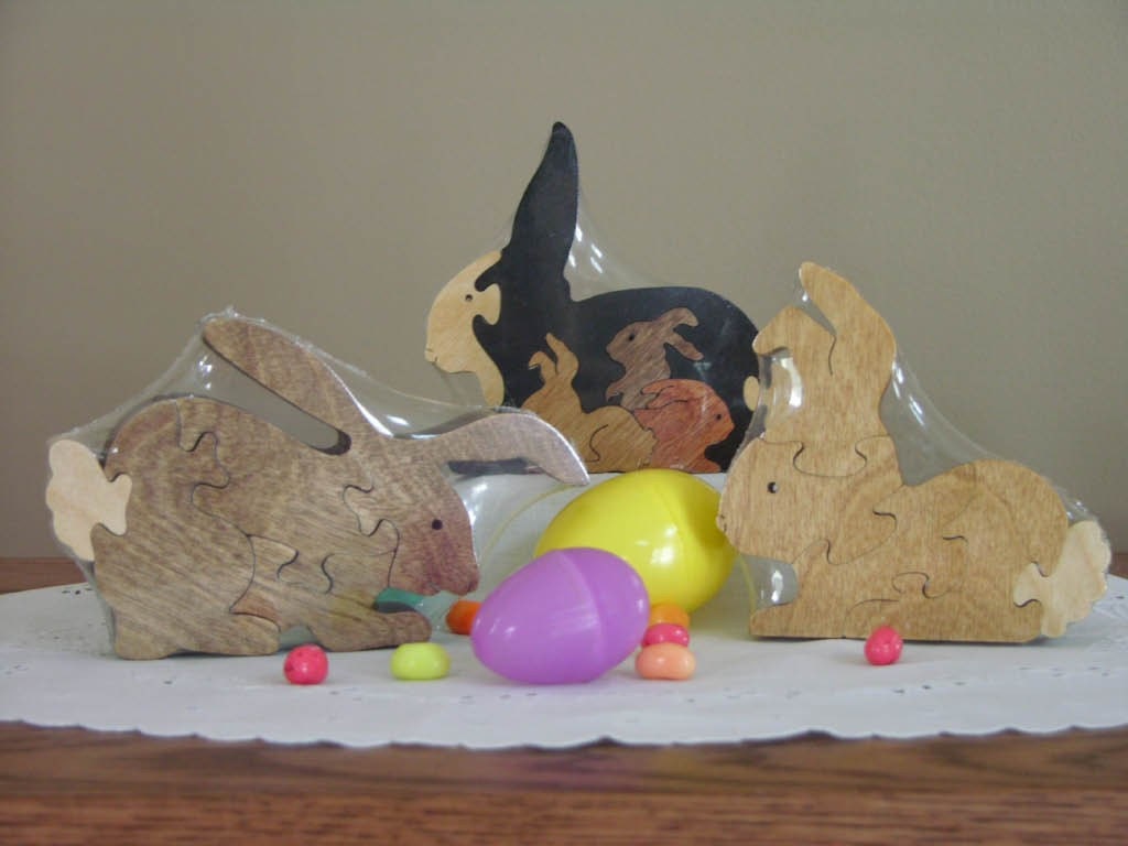 Bunny Babies Easter Rabbit Puzzles  Set of 3 Wooden Toys for Basket