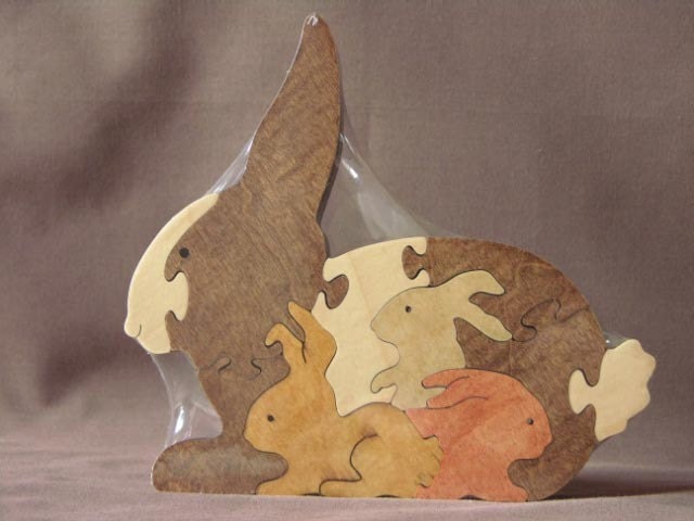 Bunny with Babies Easter Animal Puzzle Wooden Toy Hand Cut with Scroll Saw
