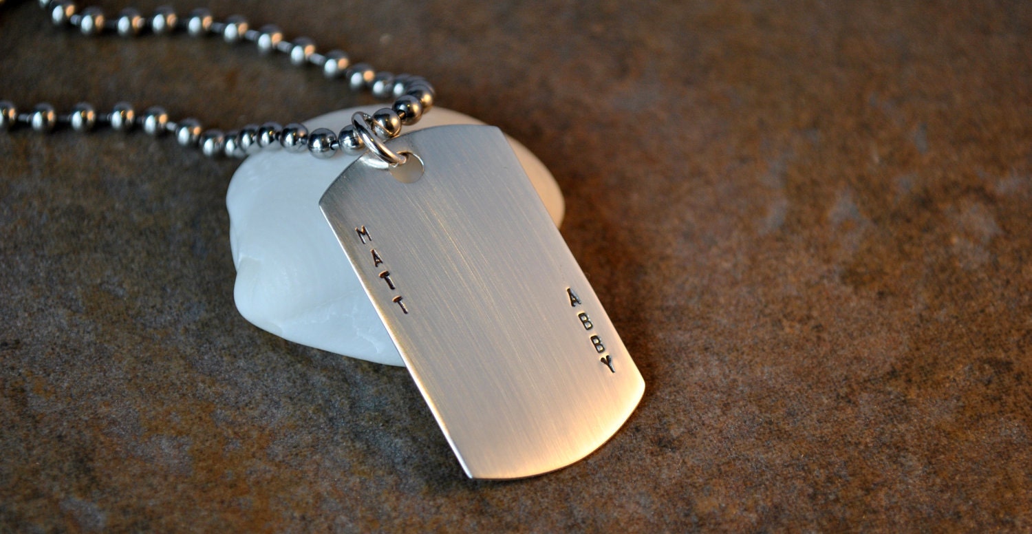 hunter necklace for men - sterling silver hand stamped dog tag on stainless steel