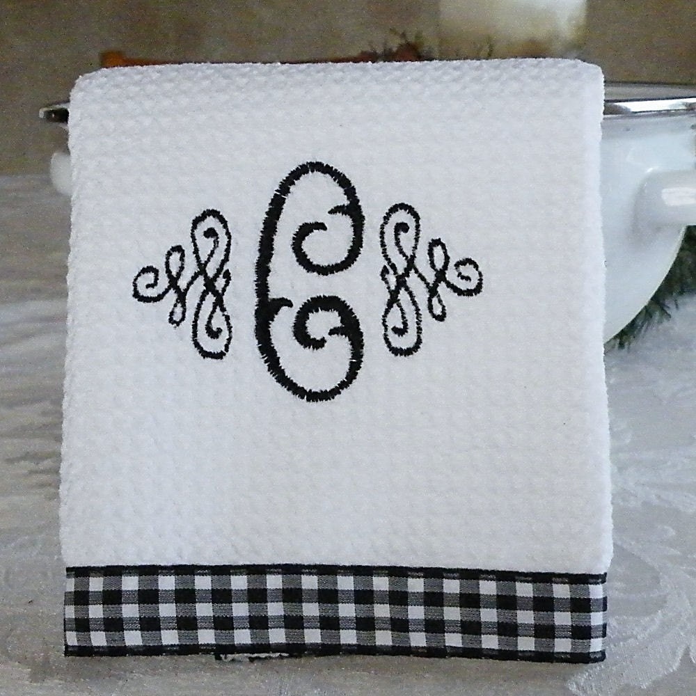 Monogrammed Kitchen Towel, Monogrammed Dish Towel, Black and White Gingham Monogrammed Towel by Crystal's Creations on Etsy