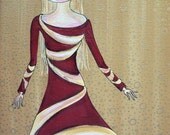 painting original red yellow ribbon evening cocktail fashion dress - acrylic