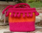 wool felt purse pink orange tangerine yellow stripes dangles