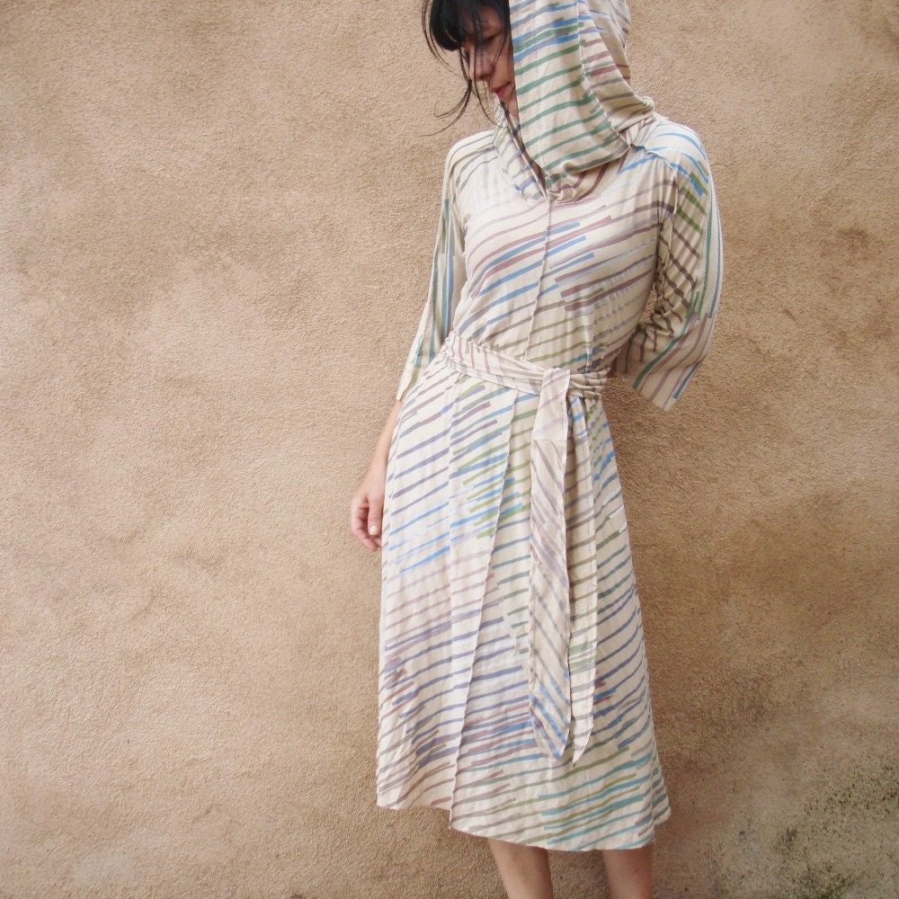 Till We Meet Again - iheartfink Handmade Hand Printed Muted Diagonal Stripes Womens Artistic Hooded Day Dress
